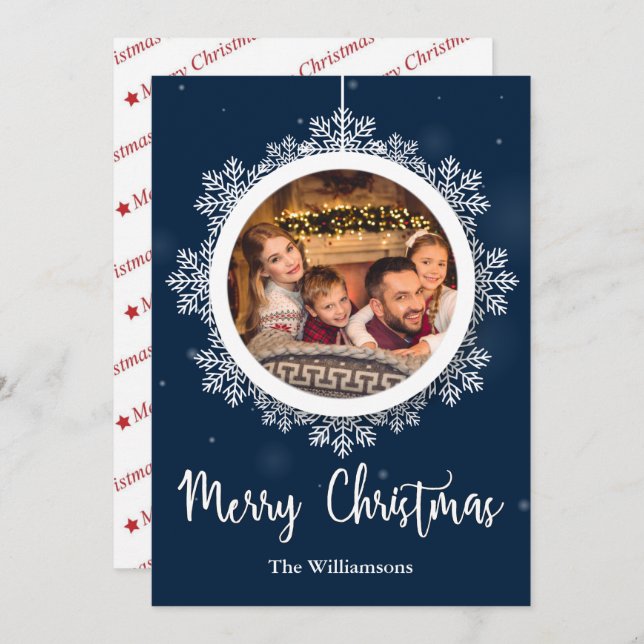 Cartão De Festividades Foto de Natal do Ornament Blue Snowflake (Frente/Verso)