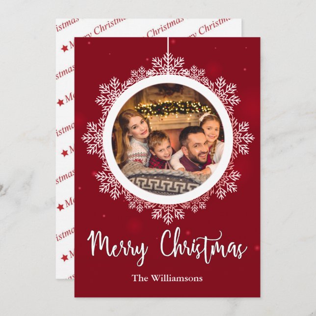 Cartão De Festividades Foto de Natal do Ornament Red Snowflake (Frente/Verso)