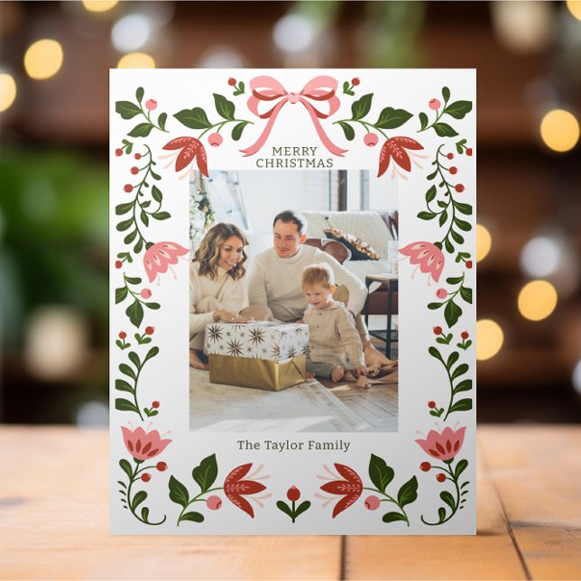 Cartão De Festividades Foto de Natal do Quadro Floral Elegante (Elegant Floral Frame Christmas Photo Holiday Cards from Ricaso. Add your own photograph and text)