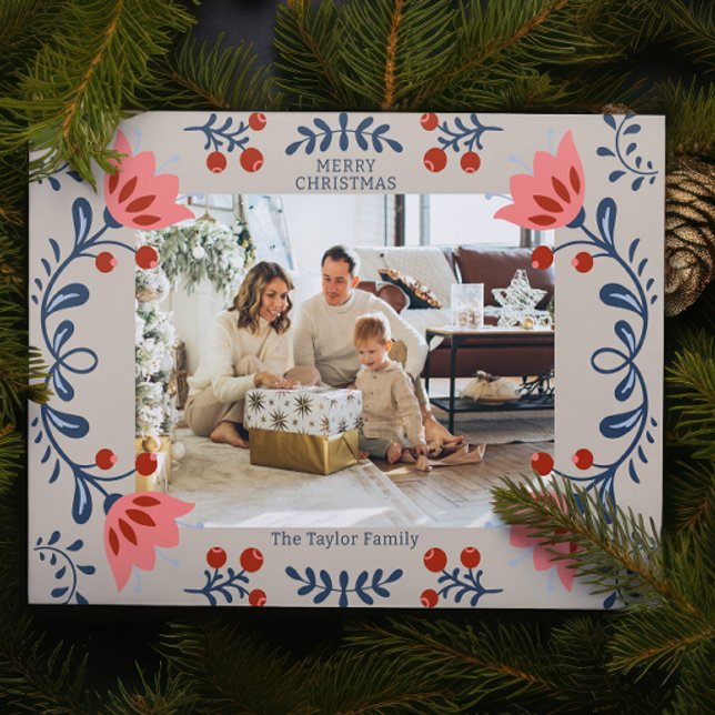 Cartão De Festividades Foto de Natal do Quadro Floral Elegante (Elegant Floral Frame Christmas Photo Holiday Cards from Ricaso. Easy add your own photo and text)