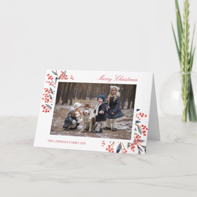 Cartão De Festividades Foto de Natal do Red Berry Foliage (Frente)