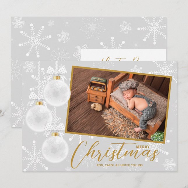 Cartão De Festividades Foto de Natal dos Ornaments Brancos (Frente/Verso)