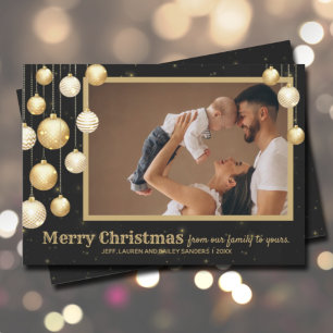 Cartão De Festividades Foto de Natal Dourada Baubles