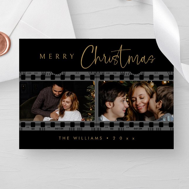 Cartão De Festividades Foto de Natal Dourada e Preta Única (Personalized Unique Black and Gold Christmas Photo Holiday Card)