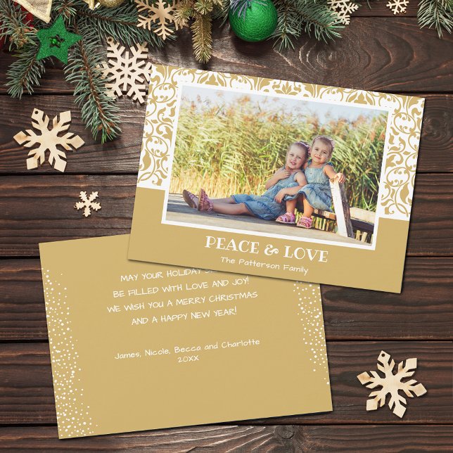 Cartão De Festividades Foto de Natal Dourado e Branco (Gold and white damask design Christmas photo holiday cards, PRINTED and/or INSTANT DOWNLOAD)