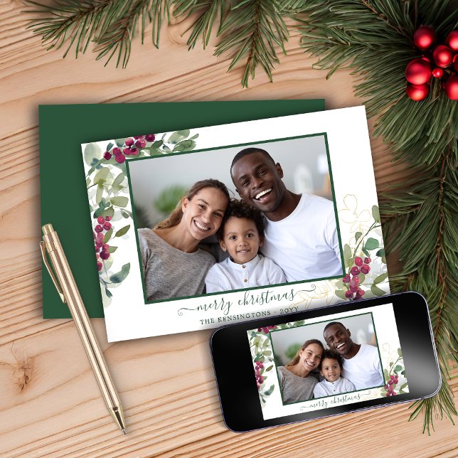 Cartão De Festividades Foto de Natal Elegante (Elegant Christmas Greenery Holiday Photo Card)