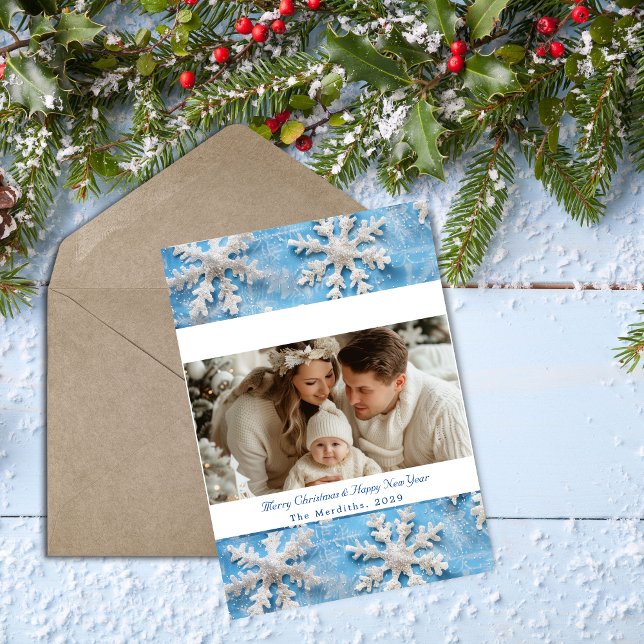 Cartão De Festividades Foto de Natal Elegante Blue Snowflake (Blue Snowflakes Merry Christmas Card)