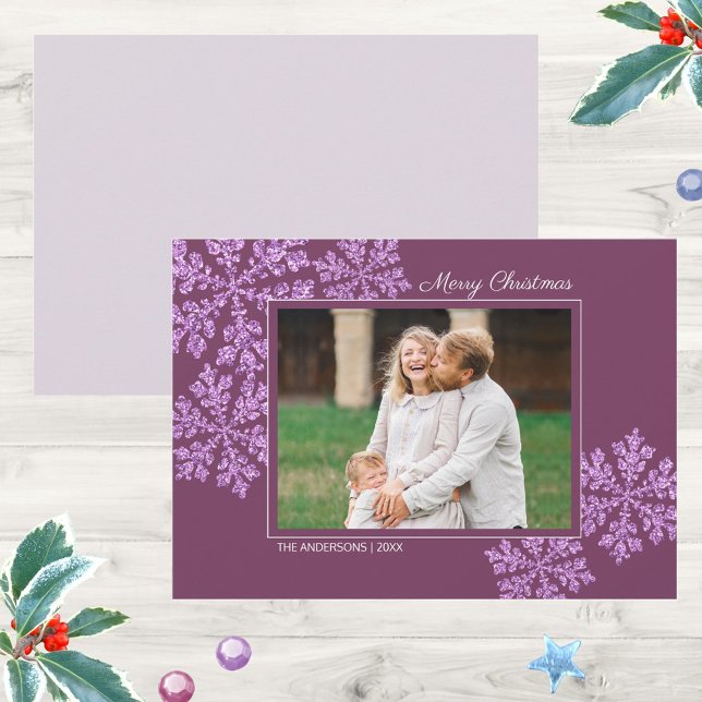 Cartão De Festividades Foto de Natal Elegante de Bling de Ameixa de Neve (Add a little plum purple goodness to your Christmas cards with this snowflake design and your photo)