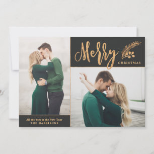 Cartão De Festividades Foto de Natal Elegante do Faux Gold Foil Branco