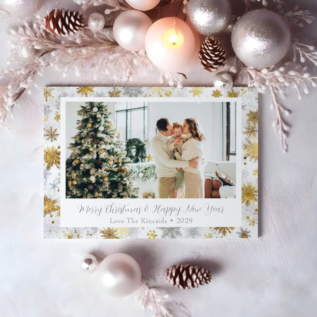 Cartão De Festividades Foto de Natal Elegante Dourada e Silver Snowflake (Criador carregado)