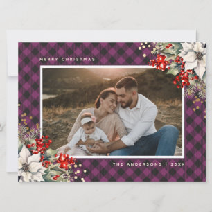 Cartão De Festividades Foto de Natal em Água-forte Roxa de Poinsettia e A