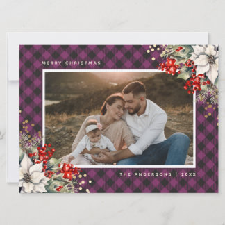 Cartão De Festividades Foto de Natal em Água-forte Roxa de Poinsettia e A