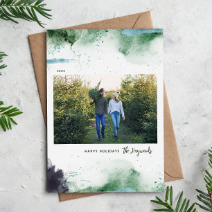 Cartão De Festividades Foto de Natal em Aquarela Abstrata Verde e Azul