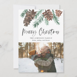 Cartão De Festividades Foto de Natal em aquarela com pinhas