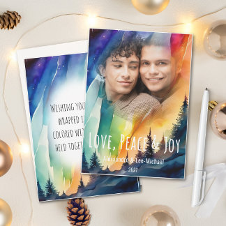 Cartão De Festividades Foto de Natal em Aquarela das Luzes do Norte Gay