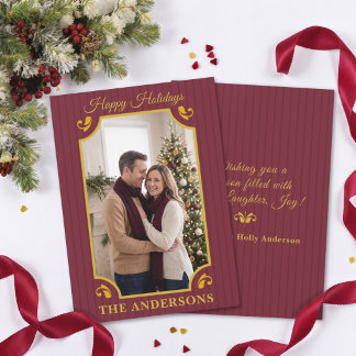 Cartão De Festividades Foto de Natal em Dourado Merlot Burgundy Listrado