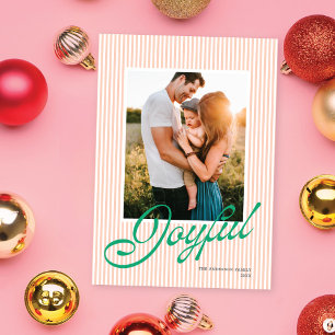 Cartão De Festividades Foto de Natal em Listras Preppy em Verde Pêssego