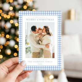 Cartão De Festividades Foto de Natal em Xadrez Azul
