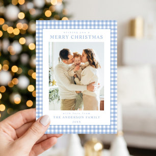 Cartão De Festividades Foto de Natal em Xadrez Azul