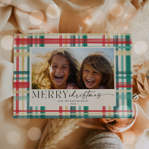 Cartão De Festividades Foto de Natal em Xadrez com Aquarela Moderna