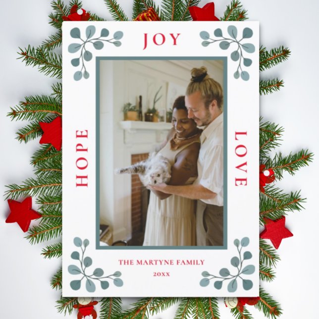 Cartão De Festividades Foto de Natal Esperança Joy Amor Eucalyptus deixa  (Criador carregado)