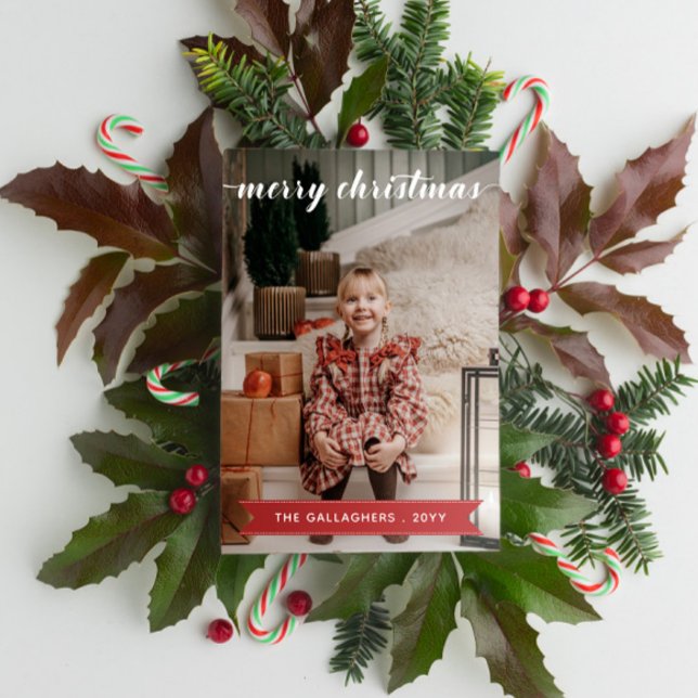 Cartão De Festividades Foto de Natal Feliz da Caligrafia Branca Vermelha (Criador carregado)