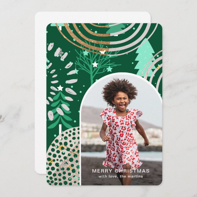 Cartão De Festividades Foto de Natal Feliz de Férias Verde com Mensagem (Frente/Verso)