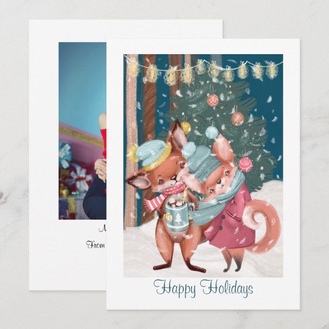 Cartão De Festividades Foto de Natal Feliz do Casal da Raposa Fresca (Frente/Verso)
