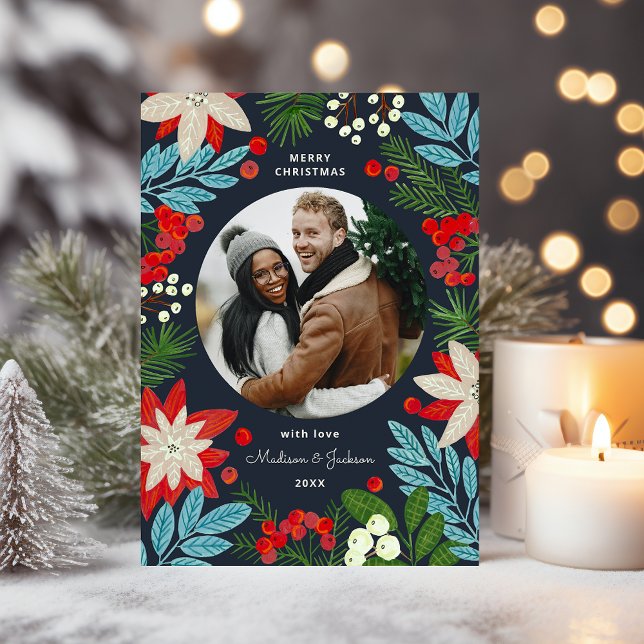 Cartão De Festividades Foto de Natal Feliz, Floral Moderno (Modern Bold Floral Merry Christmas Photo Holiday Card)
