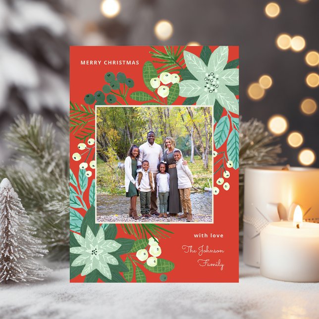 Cartão De Festividades Foto de Natal Feliz, Floral Moderno (Modern Bold Floral Merry Christmas Photo Holiday Card)