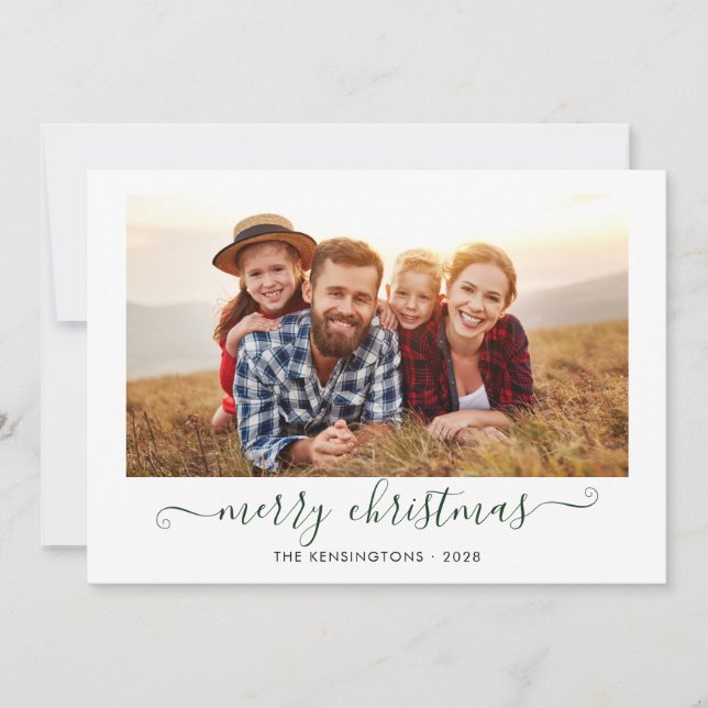 Cartão De Festividades Foto de Natal Feliz, Script Verde (Frente)