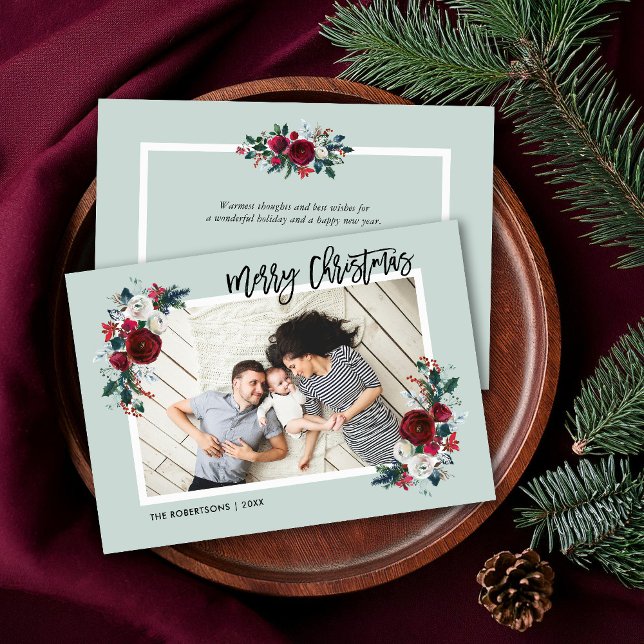 Cartão De Festividades Foto de Natal Floral de Férias | Saudação às costa (Criador carregado)