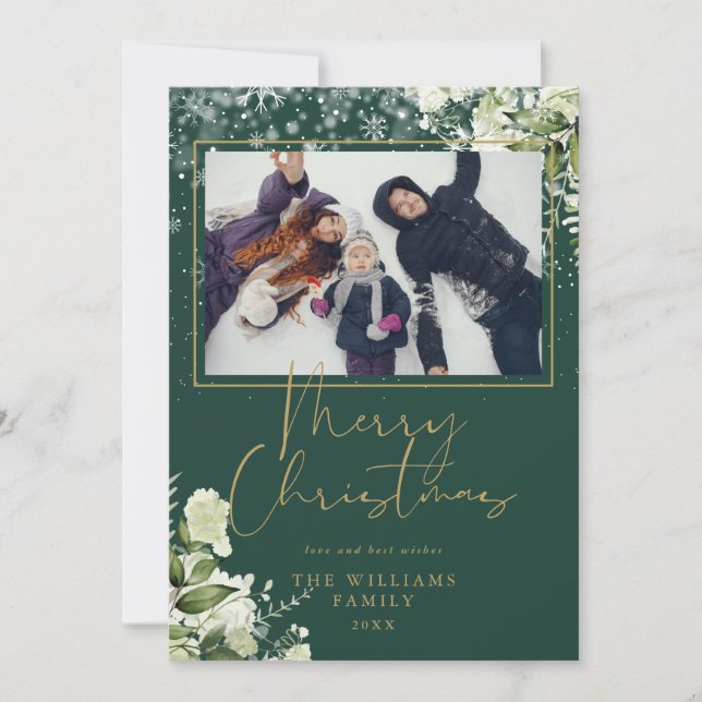 Cartão De Festividades Foto de Natal Floral Dourado e Verde (Frente)