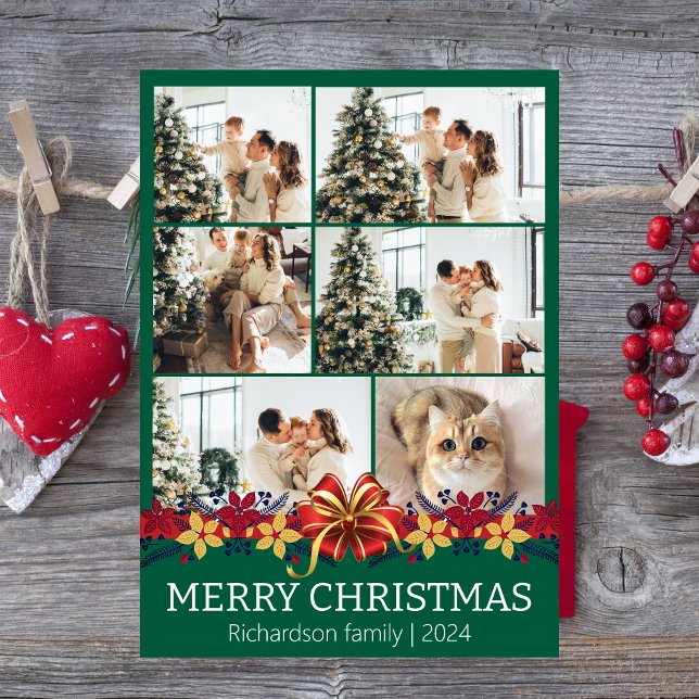 Cartão De Festividades Foto de Natal Floral Simples da Família Elegante (Criador carregado)