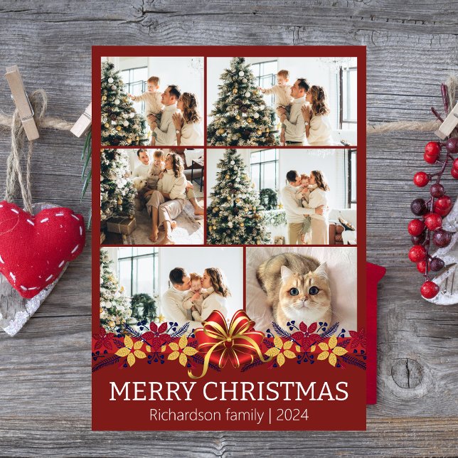 Cartão De Festividades Foto de Natal Floral Simples da Família Elegante (Criador carregado)