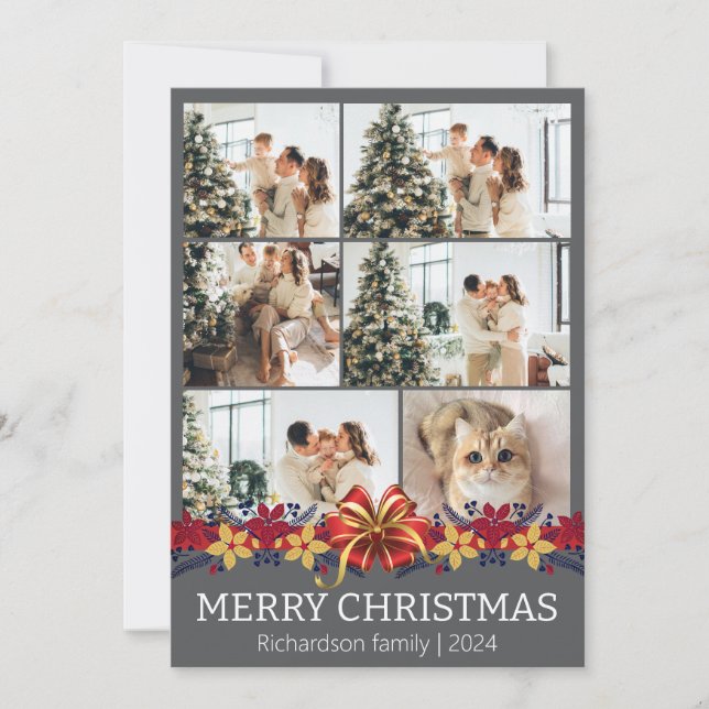 Cartão De Festividades Foto de Natal Floral Simples da Família Elegante (Frente)