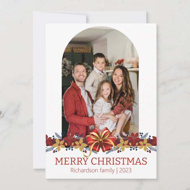 Cartão De Festividades Foto de Natal Floral Simples da Família Elegante (Frente)