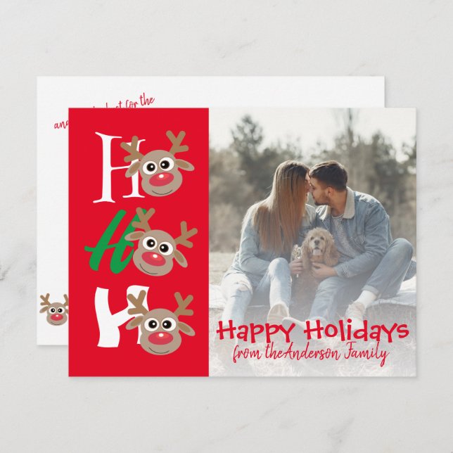 Cartão De Festividades Foto de Natal Ho Ho Ho Cartoon Rena Rouxo (Frente/Verso)