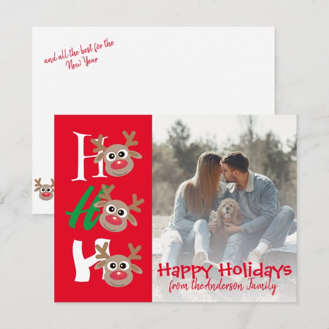Cartão De Festividades Foto de Natal Ho Ho Ho Cartoon Rena Vermelha (Frente/Verso)