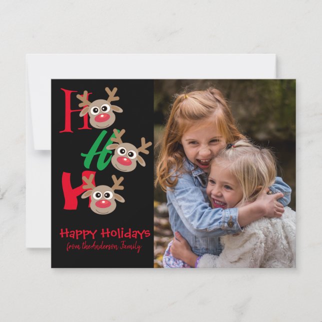 Cartão De Festividades Foto de Natal Ho Ho Ho Cartoon Renas Preto (Frente)