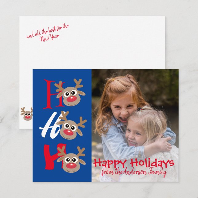 Cartão De Festividades Foto de Natal Ho Ho Ho Desenho Renas Azul (Frente/Verso)
