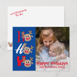 Cartão De Festividades Foto de Natal Ho Ho Ho Desenho Renas Azul