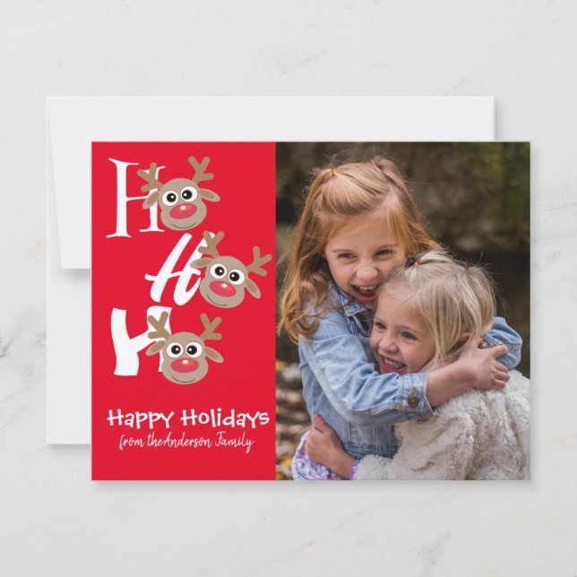 Cartão De Festividades Foto de Natal Ho Ho Ho Reindeer Red Novelty (Frente)