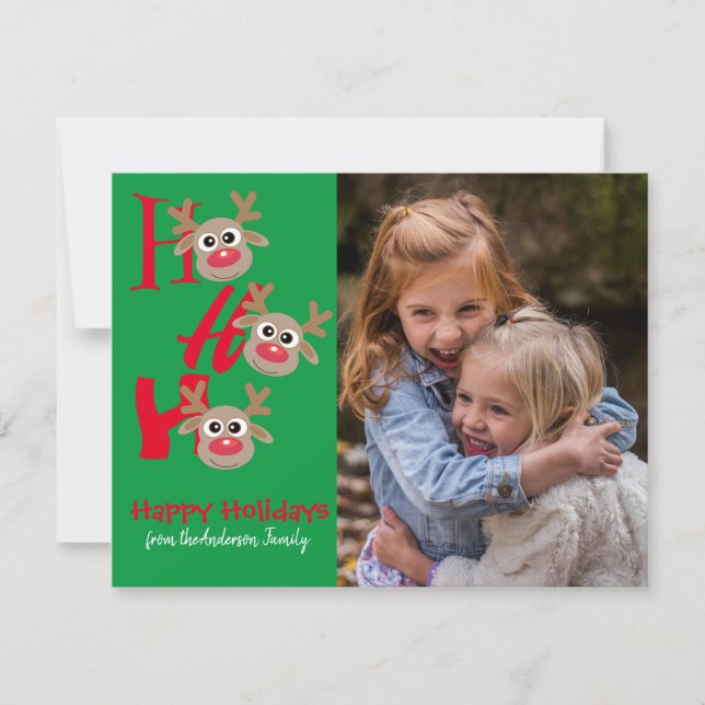 Cartão De Festividades Foto de Natal Ho Ho Ho Rena Verde Novidade (Frente)