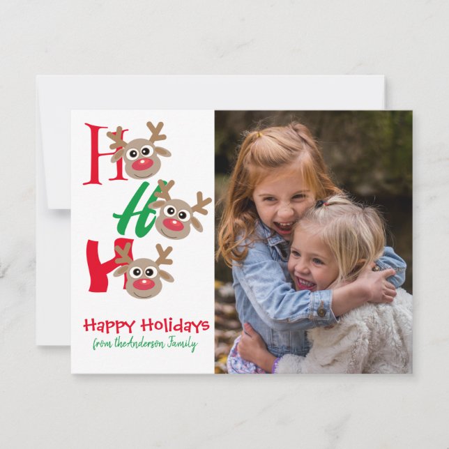 Cartão De Festividades Foto de Natal Ho Ho Ho Rena Vermelha Verde Branco (Frente)