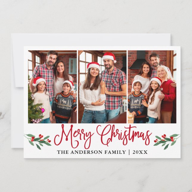 Cartão De Festividades Foto de Natal Holly 3 da Caligrafia Vermelha Moder (Frente)