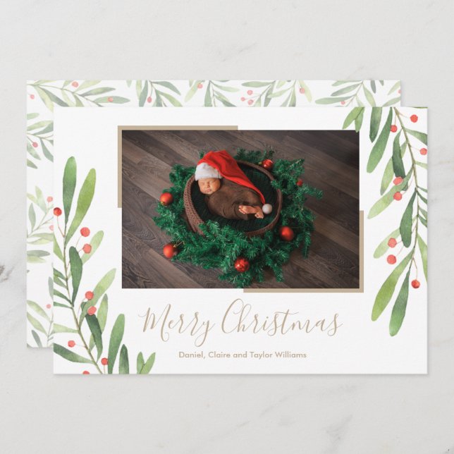 Cartão De Festividades Foto de Natal Holly e Berries (Frente/Verso)