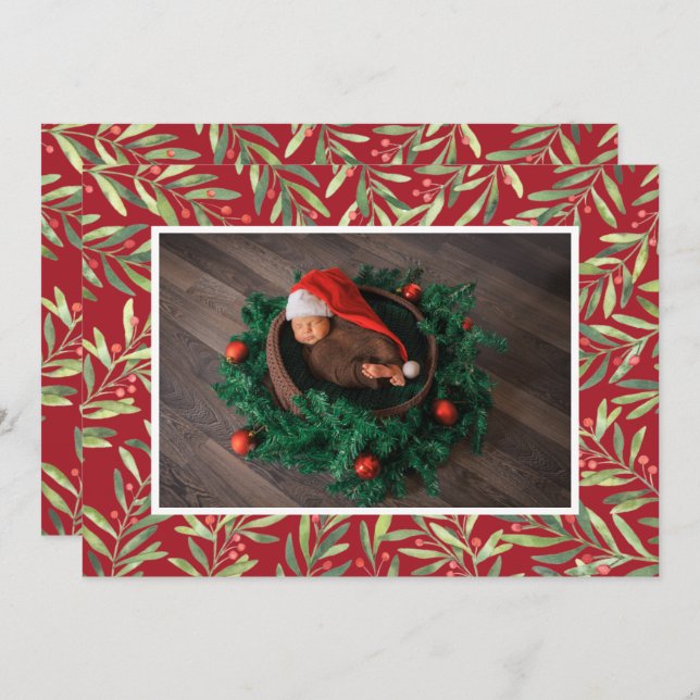 Cartão De Festividades Foto de Natal Holly e Berries (Frente/Verso)