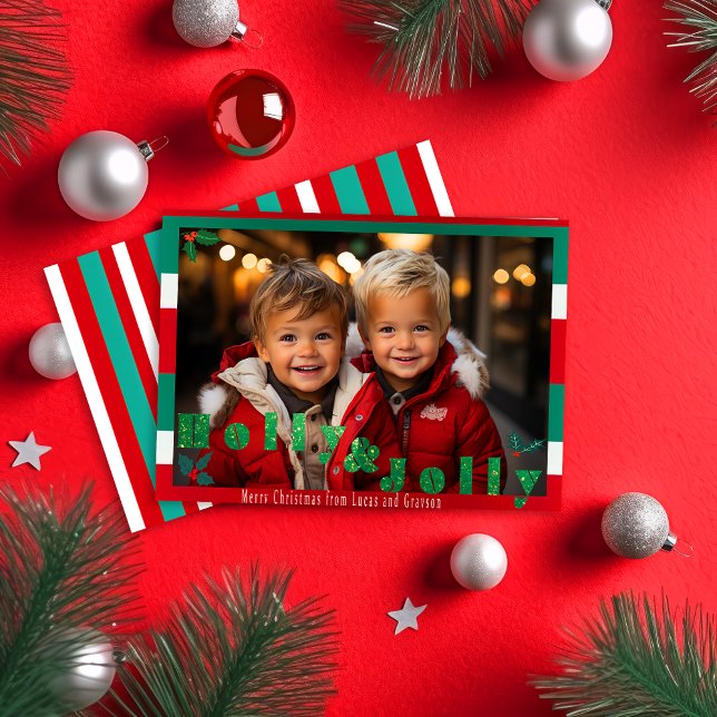 Cartão De Festividades Foto de Natal "Holly & Jolly" Vermelha e Verde (Festive Red Green and White Vibrant Traditional Christmas Photo Greeting Card)