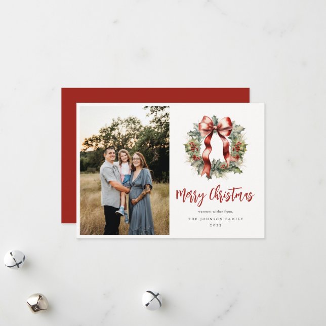 Cartão De Festividades Foto de Natal Holly Wreath (Frente/Verso In Situ)